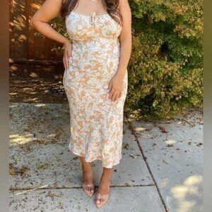 Aritzia Wilfred Bellow Gathered Bust Midi Dress Pastel Blue Orange Brown Size 0